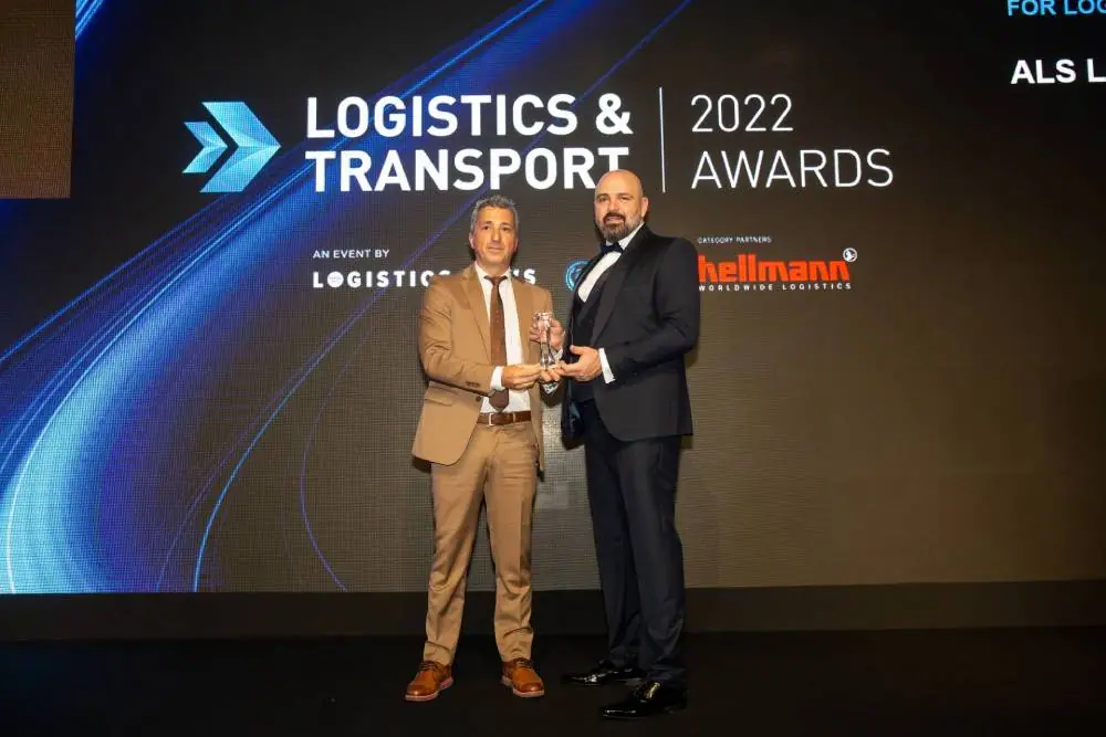 ALS representative receiving the Most Innovative Technology for Logistics trophy at the Logistics & Transport Awards 2022